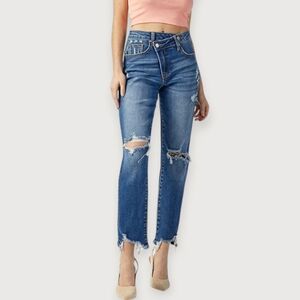 Risen Jeans Matt Crossover Girlfriend Distressed Denim Size 13 (31) High Rise